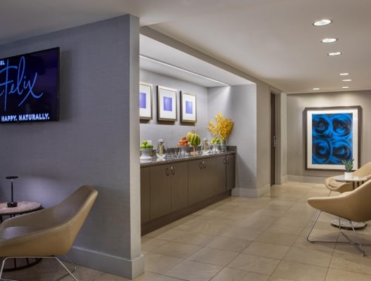 Lounge area with fresh fruit set out on the cabinets